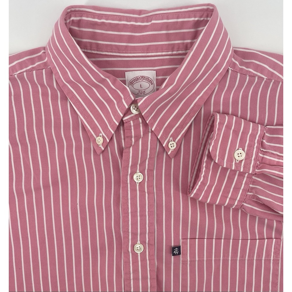 Brooks Brothers 346 Button Down Shirt Mens Lg Pink Striped Long Sleeve Preppy